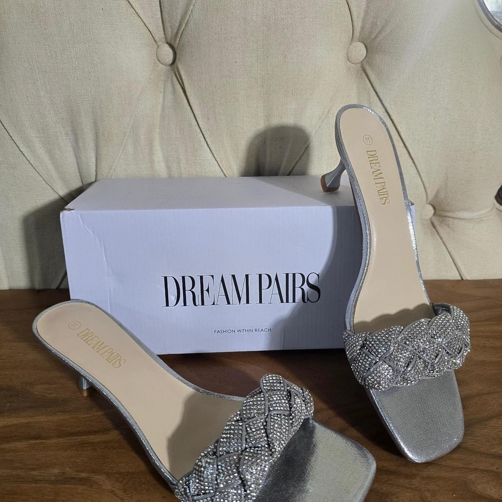 Dream Pairs silver rhinestone braided kitten heel mules size 11